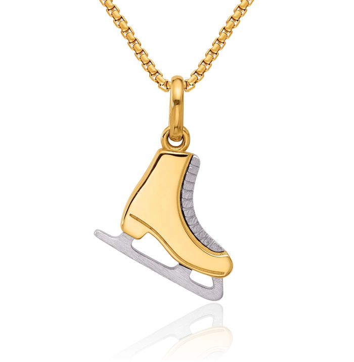 14K Solid Two Tone Gold White Ice Skate Necklace Skating Charm Sports Pendant