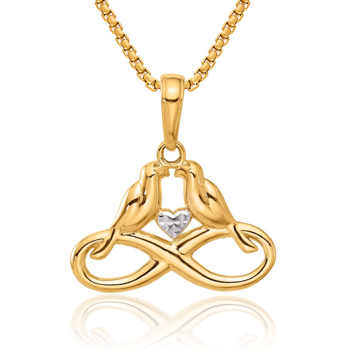 14K Solid Two Tone Yellow White Gold Infinity Twisted Love Knot Symbol Birds Necklace Chain Pendant Charm