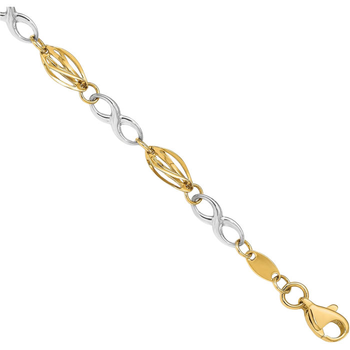 14K Solid Two Tone Gold Infinity Twisted Love Knot Symbol Chain Charm Bracelet