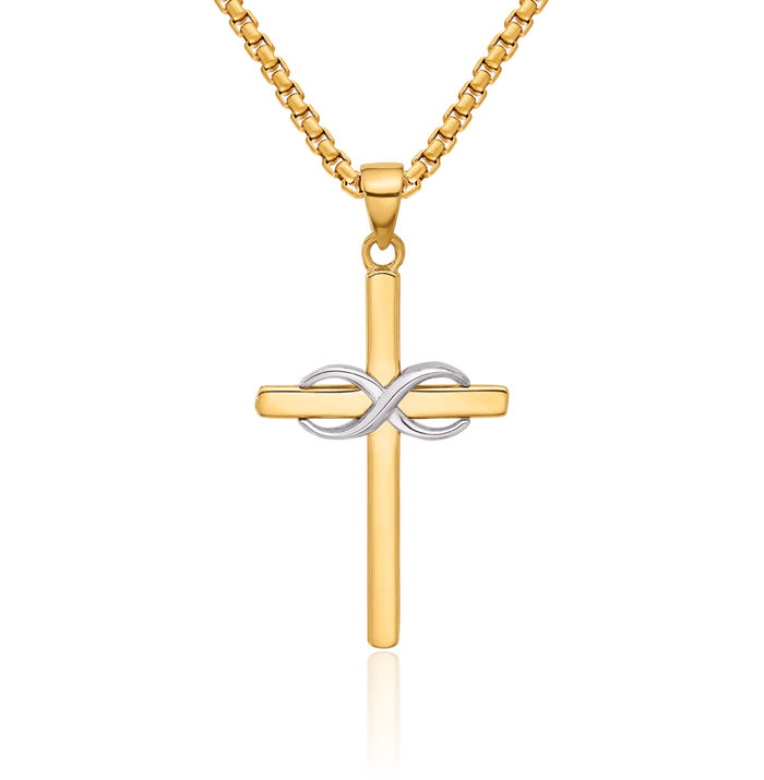 14K Solid Two Tone Gold Infinity Twisted Love Knot Symbol Holy Cross Necklace Religious Chain Pendant Jesus Christ Charm