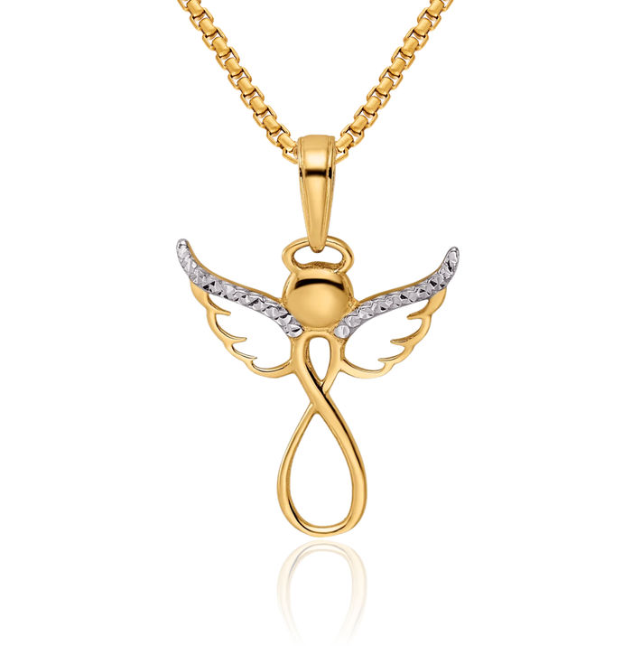 14K Solid Two Tone Yellow White Gold Infinity Twisted Love Knot Symbol Guardian Angel Wings Necklace Protect Us Cherub Pendant Religious Charm