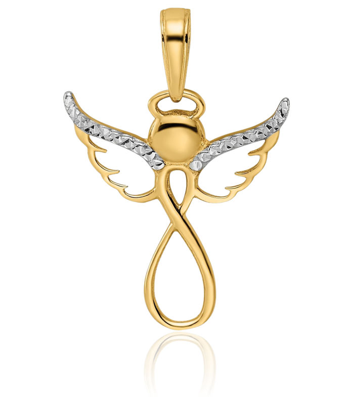 14K Solid Two Tone Yellow White Gold Infinity Twisted Love Knot Symbol Guardian Angel Wings Necklace Protect Us Cherub Pendant Religious Charm