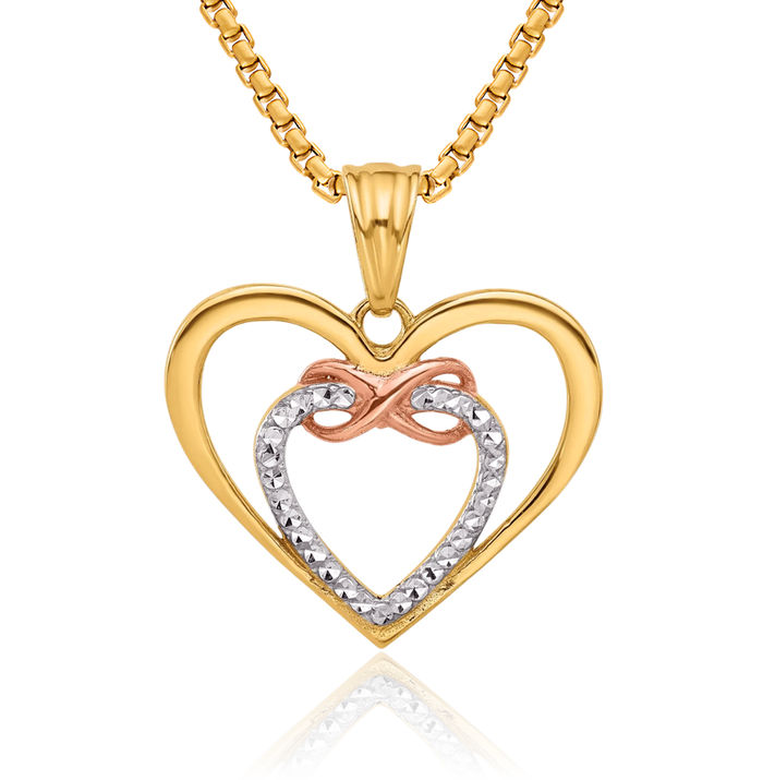 14K Solid Two Tone Gold White Infinity Twisted Love Knot Symbol Heart Necklace Chain Pendant Charm