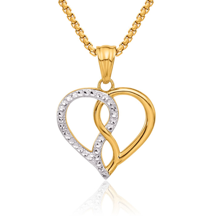 14K Solid Two Tone Yellow White Gold Infinity Twisted Love Knot Symbol Heart Necklace Chain Pendant Charm