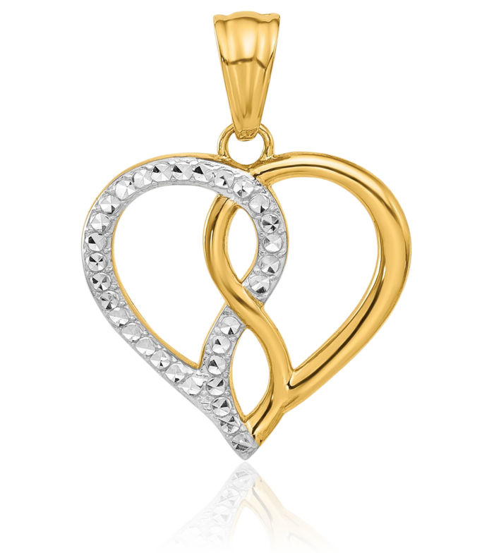 14K Solid Two Tone Yellow White Gold Infinity Twisted Love Knot Symbol Heart Necklace Chain Pendant Charm