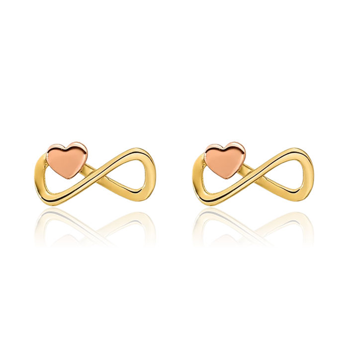 14K Solid Two Tone Gold Infinity Twisted Love Knot Symbol Heart Stud Earrings