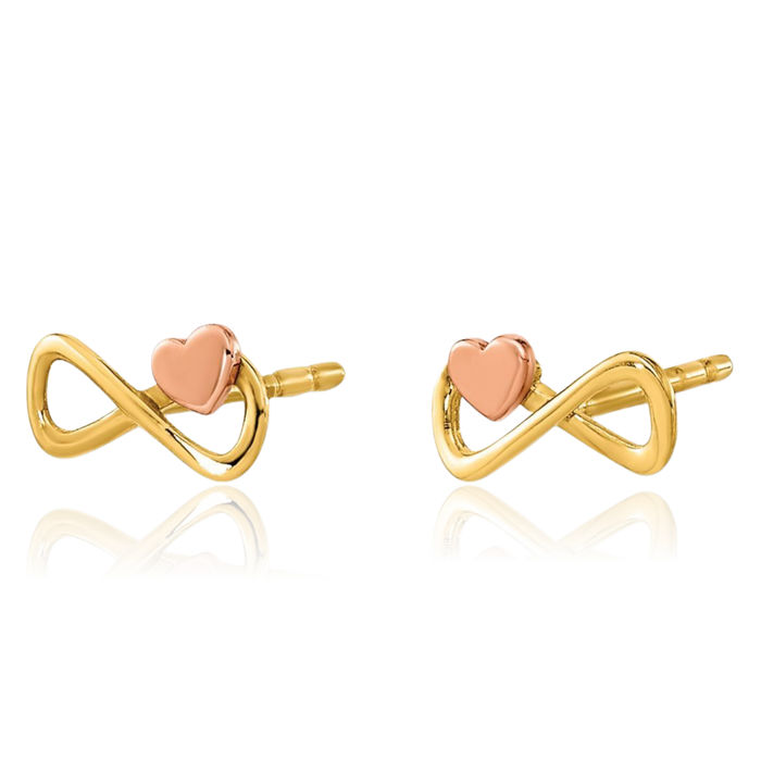 14K Solid Two Tone Gold Infinity Twisted Love Knot Symbol Heart Stud Earrings