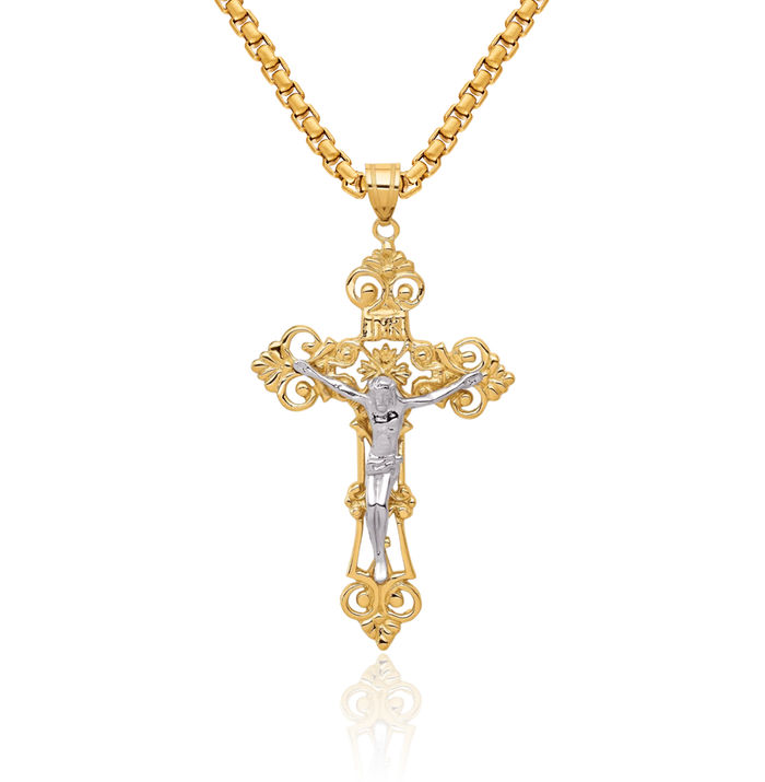 14K Solid Two Tone Gold Inri French Fleur De Lis Lily Flower Lord Jesus Christ Crucifix Holy Cross Necklace Religious Chain Pendant Charm