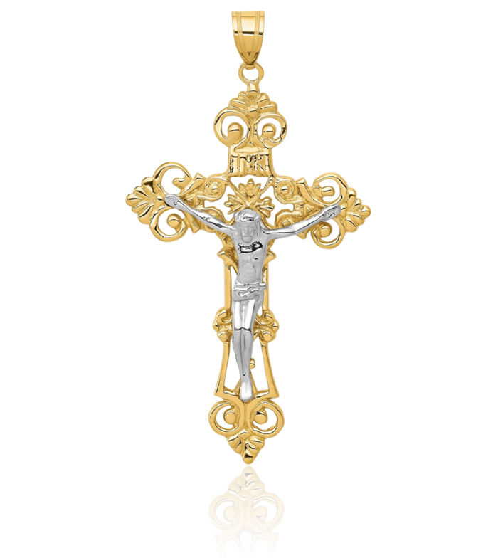 14K Solid Two Tone Gold Inri French Fleur De Lis Lily Flower Lord Jesus Christ Crucifix Holy Cross Necklace Religious Chain Pendant Charm