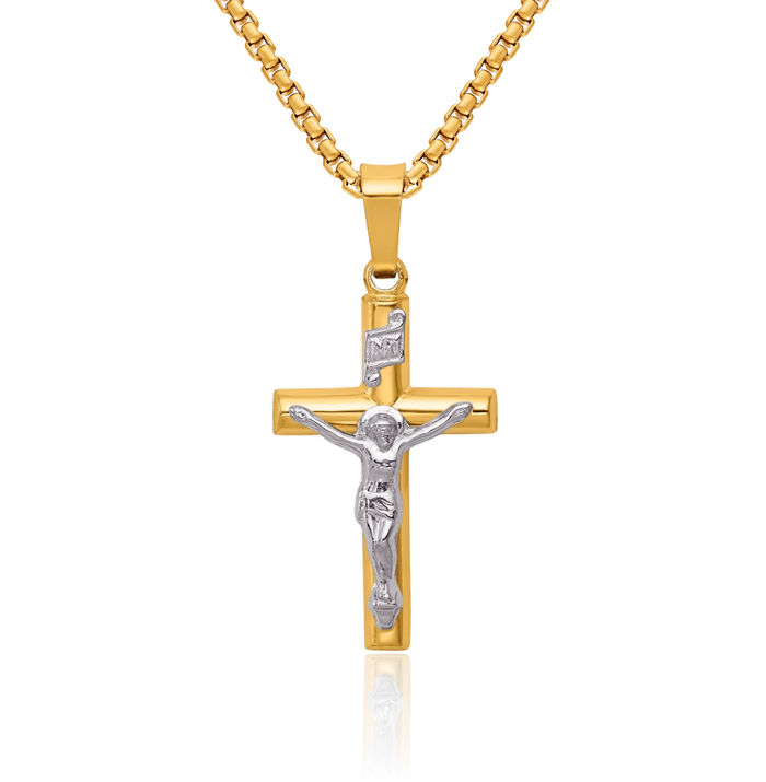 14K Solid Two Tone Gold Inri Lord Jesus Christ Crucifix Holy Cross Necklace Religious Chain Pendant Charm