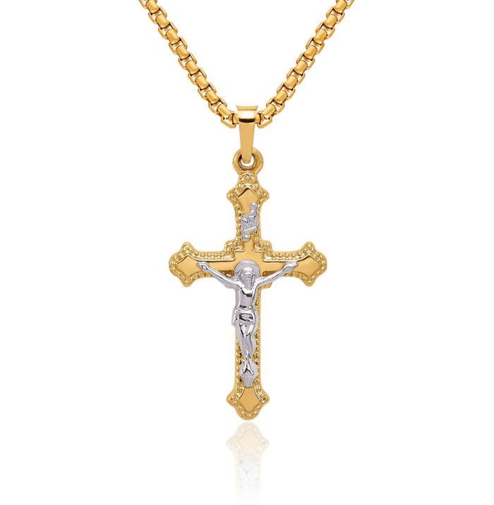 14K Solid Two Tone Gold Inri Lord Jesus Christ Crucifix Holy Cross Necklace Religious Chain Pendant Charm