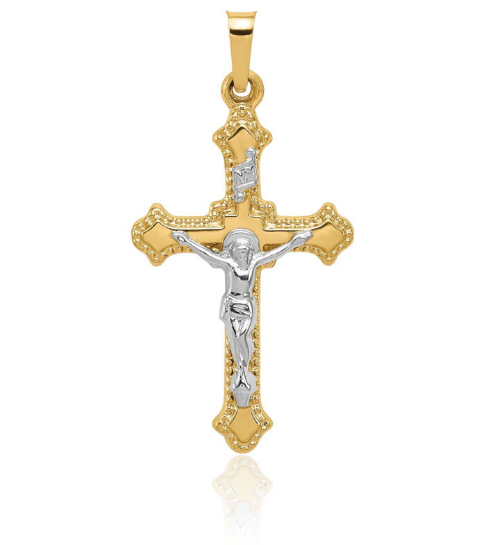 14K Solid Two Tone Gold Inri Lord Jesus Christ Crucifix Holy Cross Necklace Religious Chain Pendant Charm