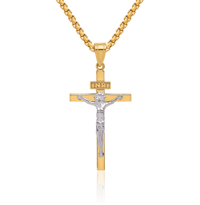 14K Solid Two Tone Gold Inri Lord Jesus Christ Crucifix Holy Cross Necklace Religious Chain Pendant Charm