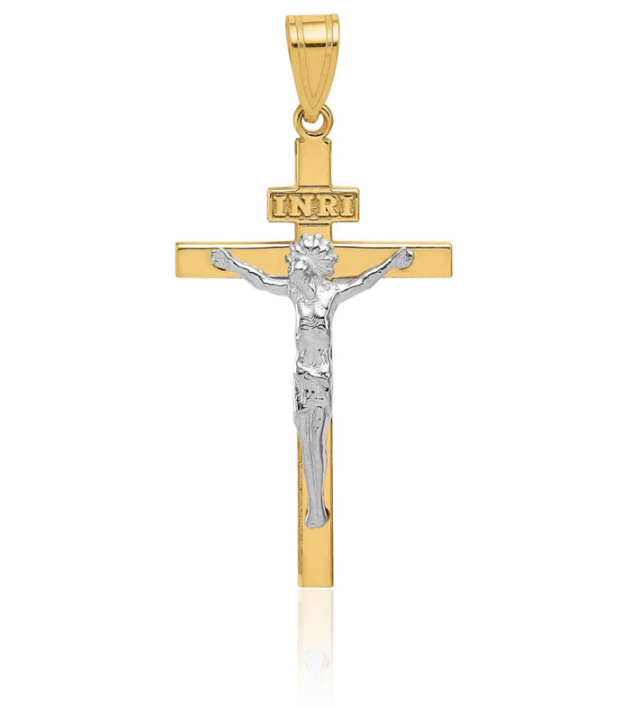 14K Solid Two Tone Gold Inri Lord Jesus Christ Crucifix Holy Cross Necklace Religious Chain Pendant Charm