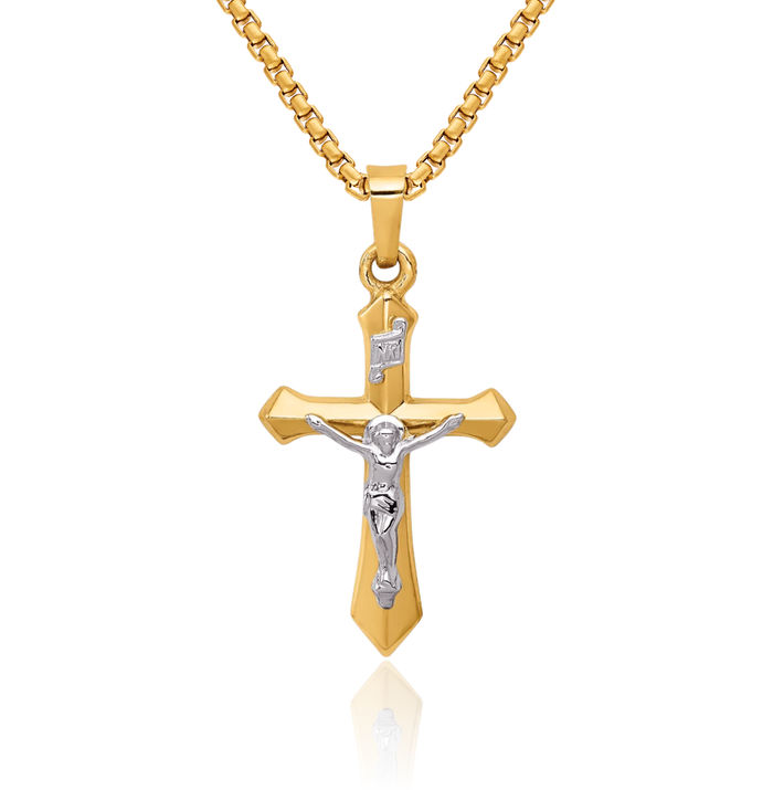 14K Solid Two Tone Gold Inri Lord Jesus Christ Crucifix Holy Cross Necklace Religious Chain Pendant Charm