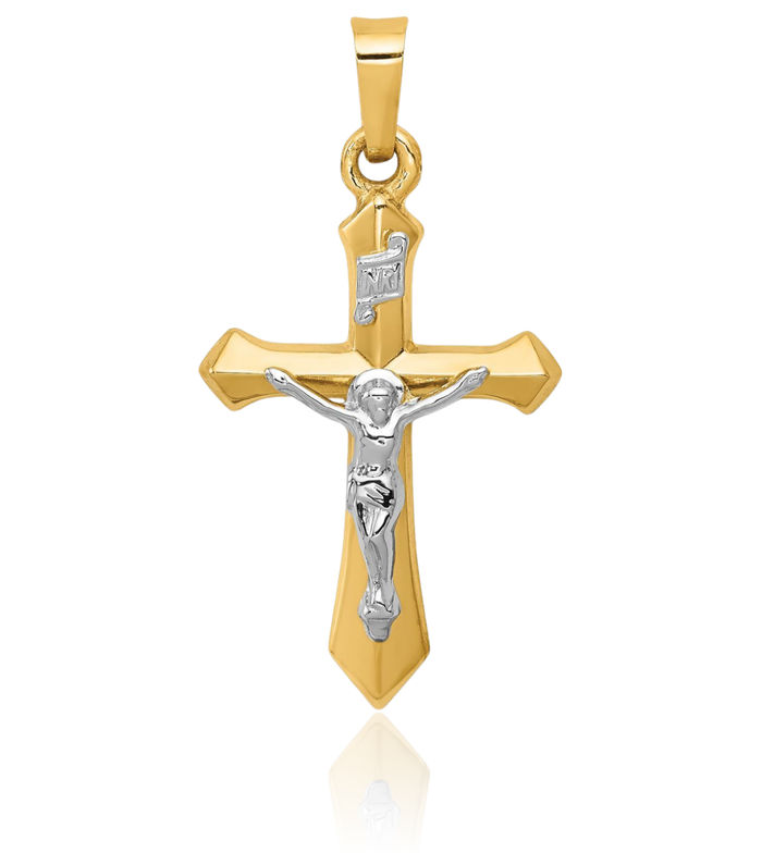 14K Solid Two Tone Gold Inri Lord Jesus Christ Crucifix Holy Cross Necklace Religious Chain Pendant Charm