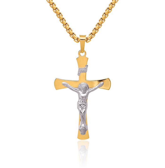 14K Solid Two Tone Gold Inri Lord Jesus Christ Crucifix Holy Cross Necklace Religious Chain Pendant Charm