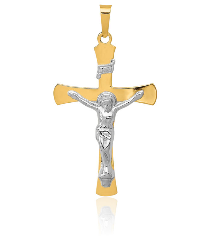 14K Solid Two Tone Gold Inri Lord Jesus Christ Crucifix Holy Cross Necklace Religious Chain Pendant Charm