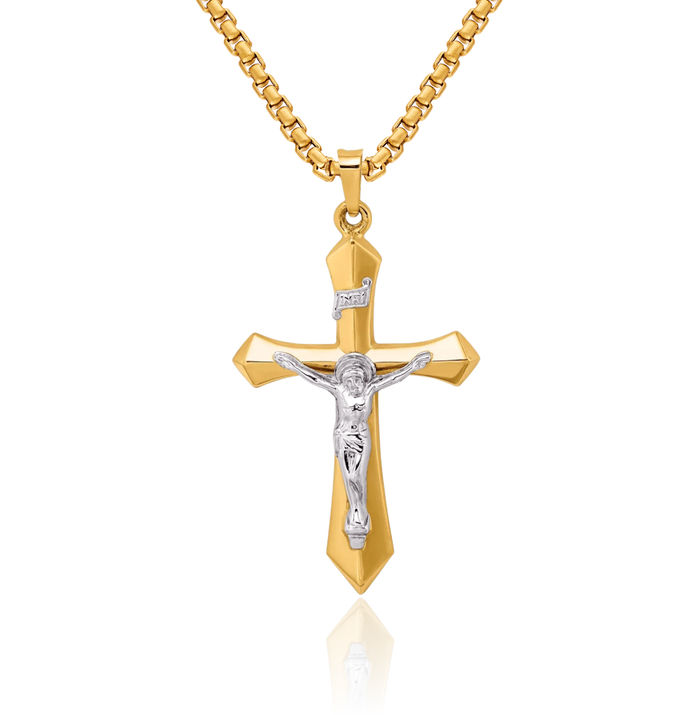 14K Solid Two Tone Gold Inri Lord Jesus Christ Crucifix Holy Cross Necklace Religious Chain Pendant Charm