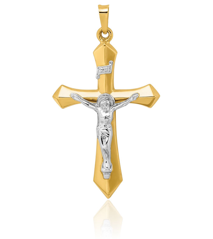 14K Solid Two Tone Gold Inri Lord Jesus Christ Crucifix Holy Cross Necklace Religious Chain Pendant Charm