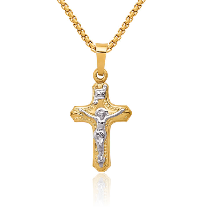 14K Solid Two Tone Gold Inri Lord Jesus Christ Crucifix Holy Cross Necklace Religious Chain Pendant Charm