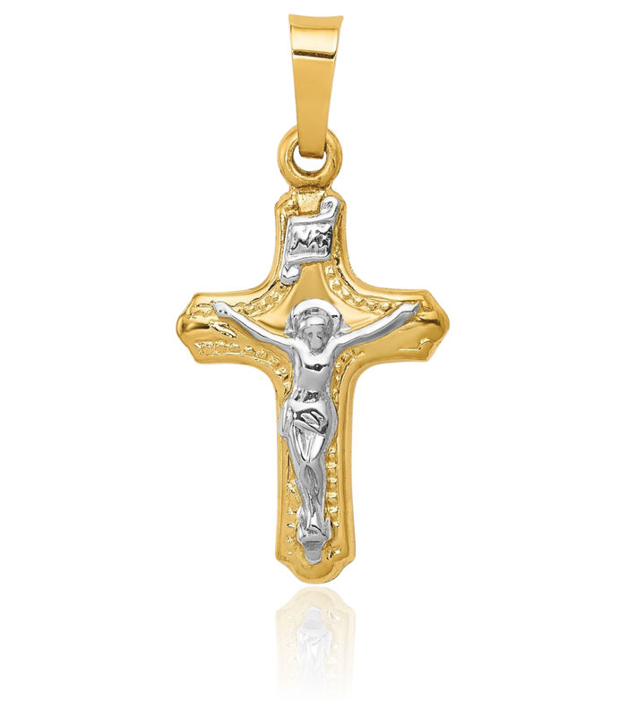 14K Solid Two Tone Gold Inri Lord Jesus Christ Crucifix Holy Cross Necklace Religious Chain Pendant Charm