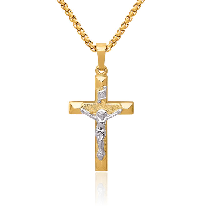 14K Solid Two Tone Gold Inri Lord Jesus Christ Crucifix Holy Cross Necklace Religious Chain Pendant Charm