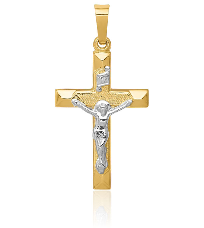 14K Solid Two Tone Gold Inri Lord Jesus Christ Crucifix Holy Cross Necklace Religious Chain Pendant Charm