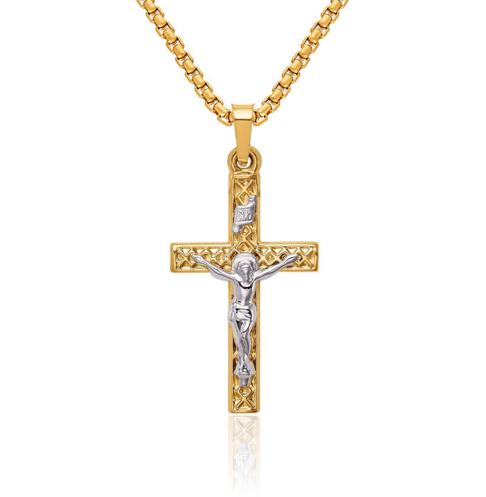 14K Solid Two Tone Gold Inri Lord Jesus Christ Crucifix Holy Cross Necklace Religious Chain Pendant Charm