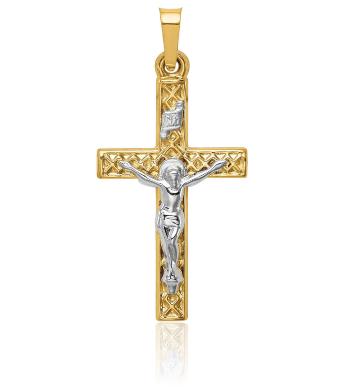 14K Solid Two Tone Gold Inri Lord Jesus Christ Crucifix Holy Cross Necklace Religious Chain Pendant Charm