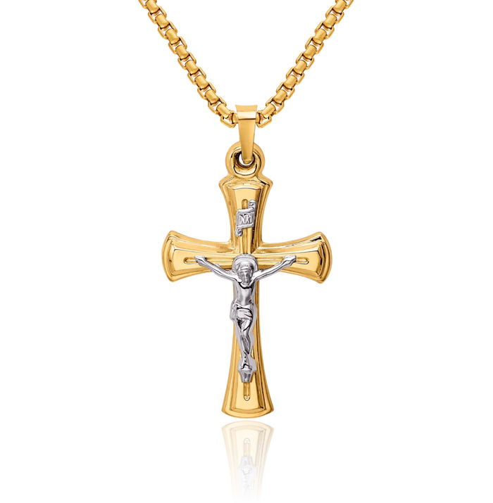 14K Solid Two Tone Gold Inri Lord Jesus Christ Crucifix Holy Cross Necklace Religious Chain Pendant Charm