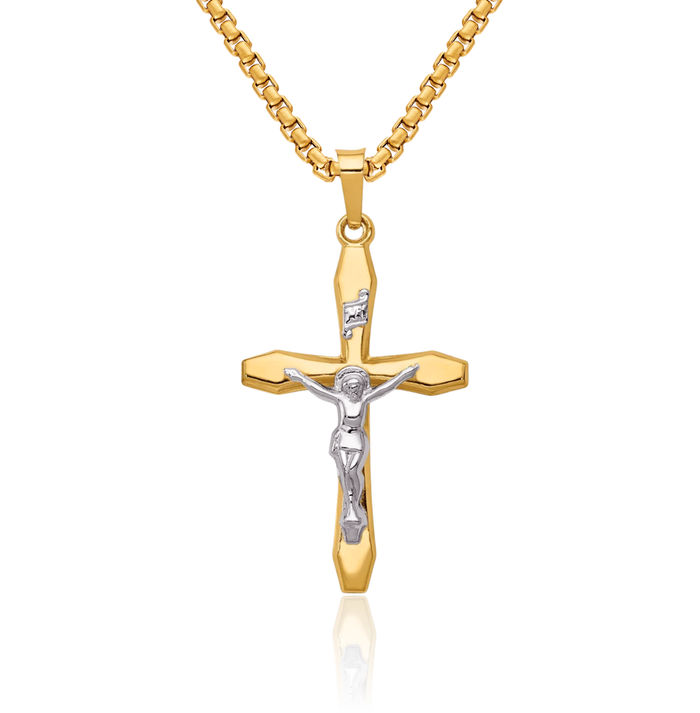 14K Solid Two Tone Gold Inri Lord Jesus Christ Crucifix Latin Mexican Holy Cross Necklace Religious Chain Pendant Charm