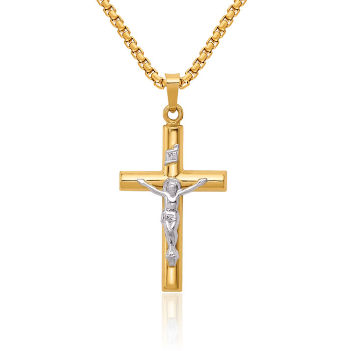 14K Solid Two Tone Gold Inri Lord Jesus Christ Crucifix Holy Cross Necklace Religious Chain Pendant Charm