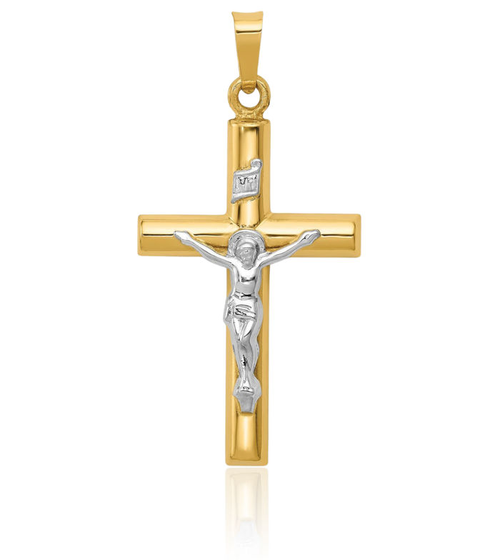 14K Solid Two Tone Gold Inri Lord Jesus Christ Crucifix Holy Cross Necklace Religious Chain Pendant Charm