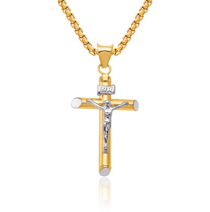 14K Solid Two Tone Gold Inri Lord Jesus Christ Crucifix Holy Cross Necklace Religious Chain Pendant Charm