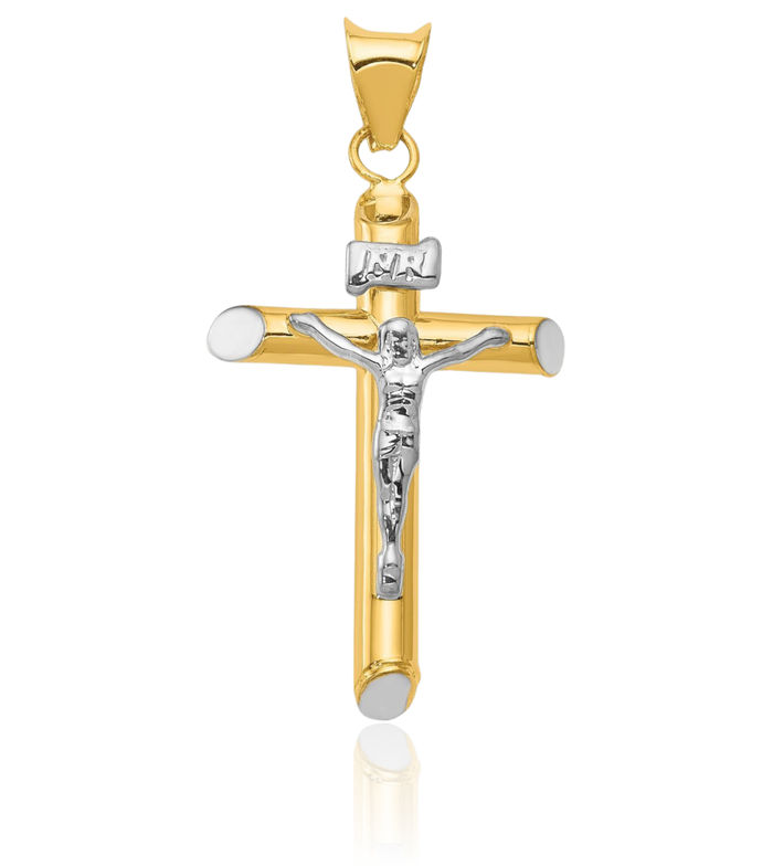 14K Solid Two Tone Gold Inri Lord Jesus Christ Crucifix Holy Cross Necklace Religious Chain Pendant Charm