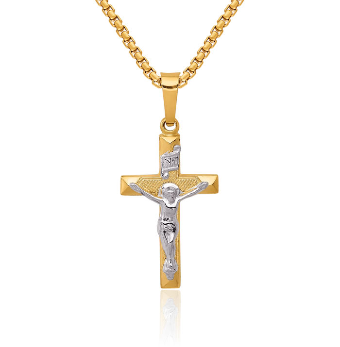 14K Solid Two Tone Gold Inri Lord Jesus Christ Crucifix Holy Cross Necklace Religious Chain Pendant Charm