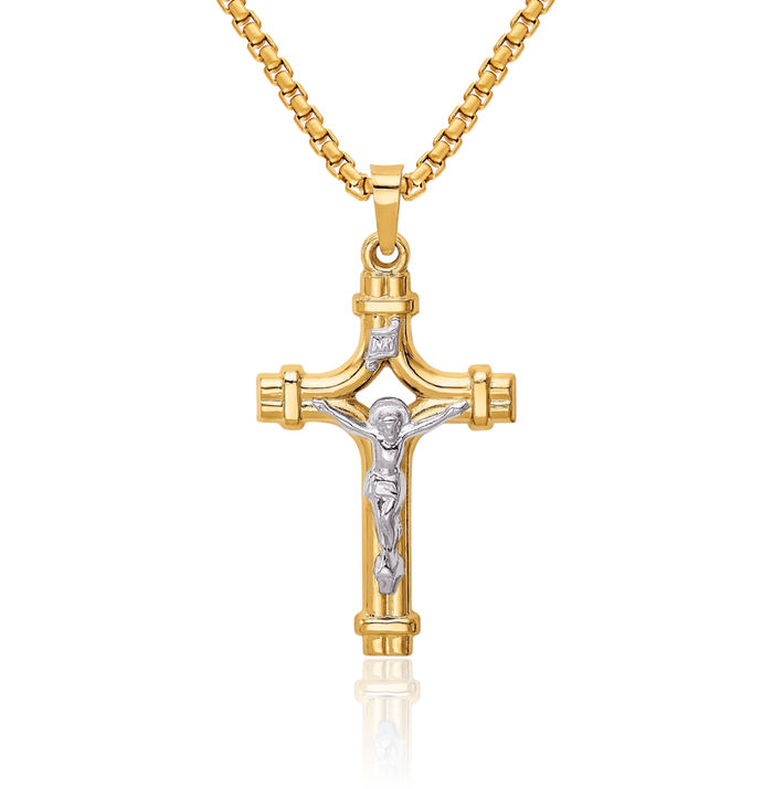 14K Solid Two Tone Gold Inri Lord Jesus Christ Crucifix Holy Cross Necklace Religious Chain Pendant Charm