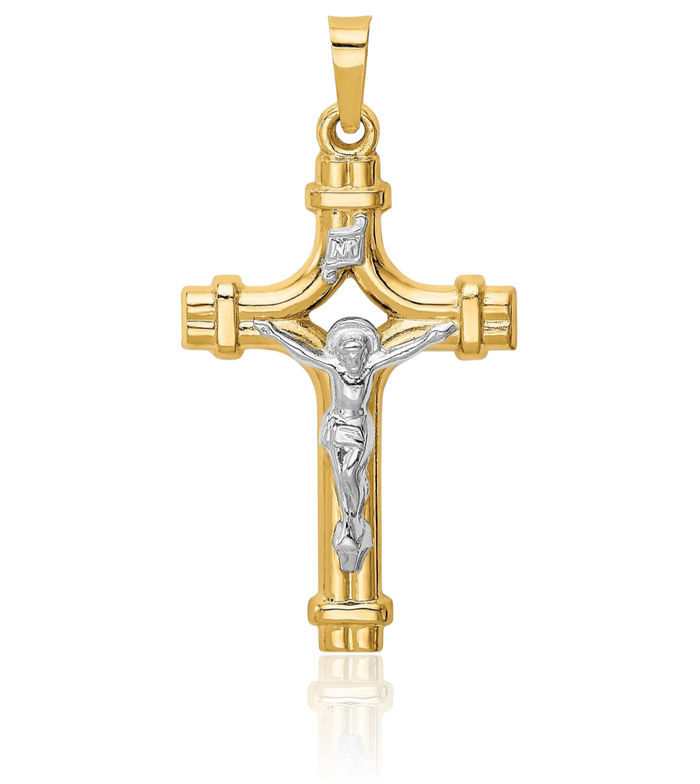 14K Solid Two Tone Gold Inri Lord Jesus Christ Crucifix Holy Cross Necklace Religious Chain Pendant Charm