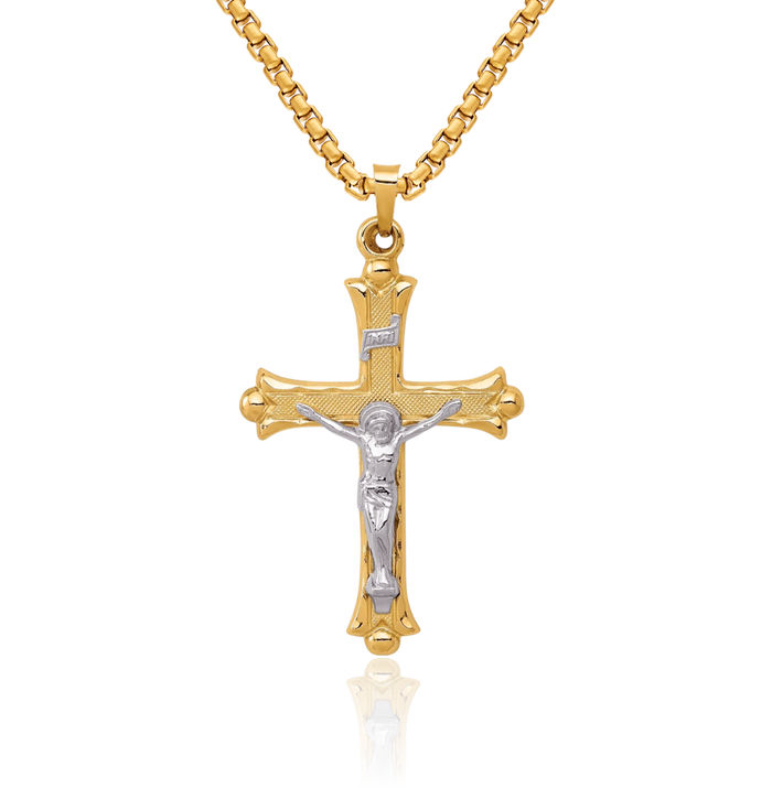 14K Solid Two Tone Gold Inri Lord Jesus Christ Crucifix Holy Cross Necklace Religious Chain Pendant Charm