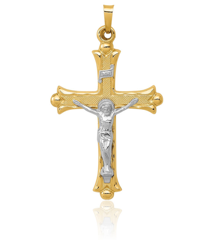 14K Solid Two Tone Gold Inri Lord Jesus Christ Crucifix Holy Cross Necklace Religious Chain Pendant Charm