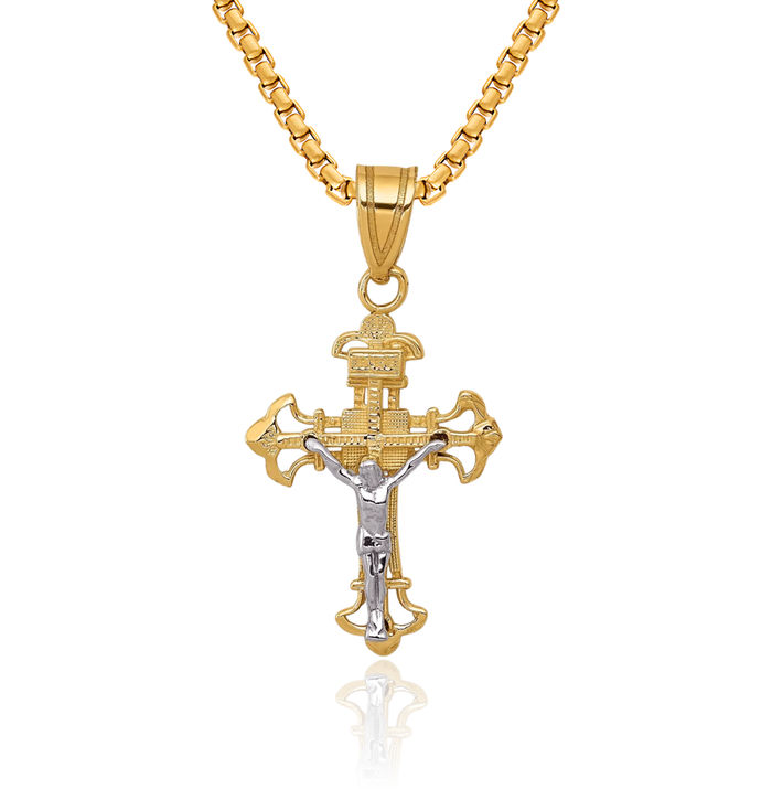 14K Solid Two Tone Gold Inri Lord Jesus Christ Crucifix Holy Cross Necklace Religious Chain Pendant Charm