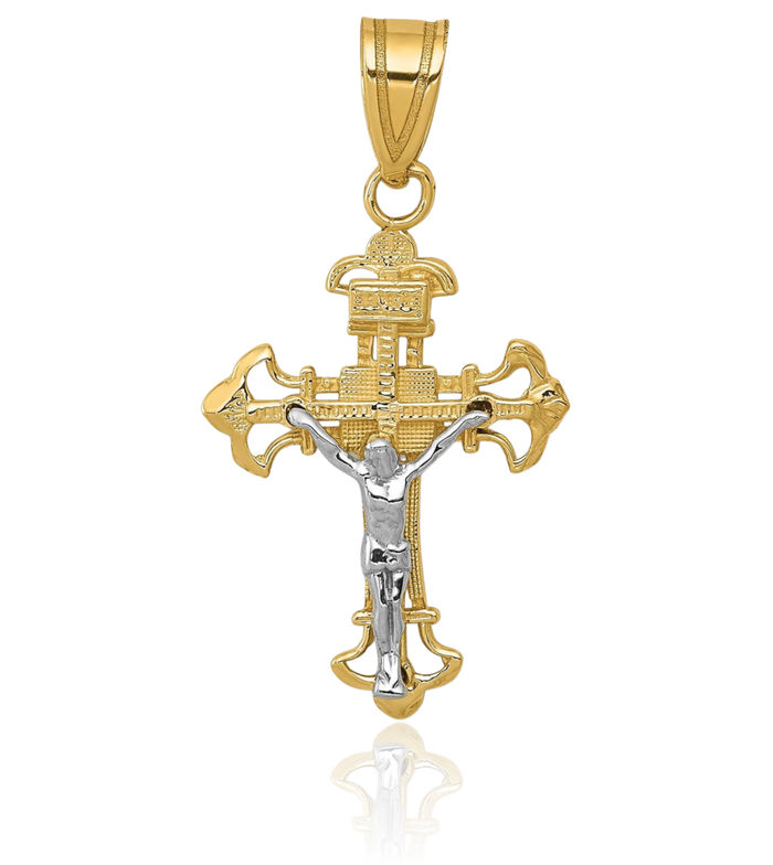 14K Solid Two Tone Gold Inri Lord Jesus Christ Crucifix Holy Cross Necklace Religious Chain Pendant Charm