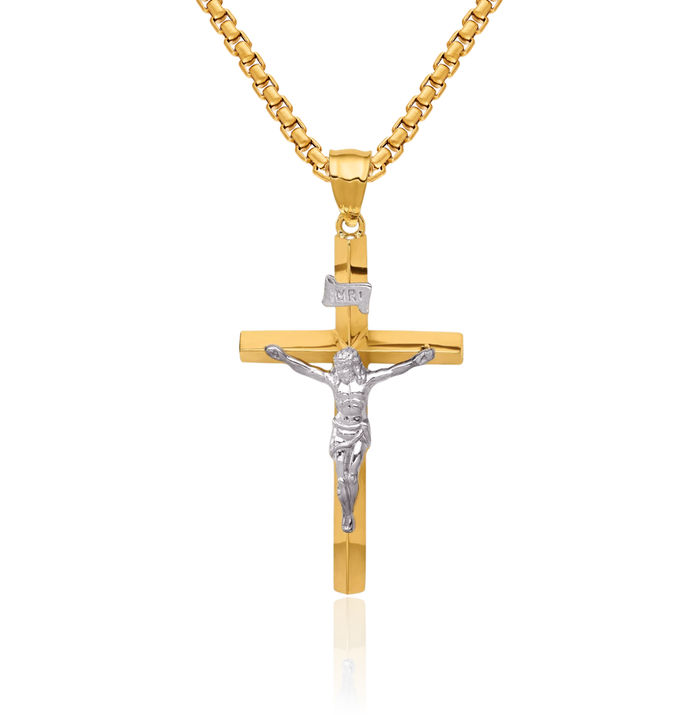 14K Solid Two Tone Gold Inri Lord Jesus Christ Crucifix Holy Cross Necklace Religious Chain Pendant Charm