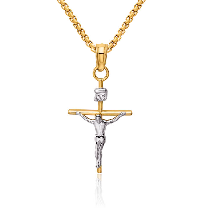 14K Solid Two Tone Gold Inri Lord Jesus Christ Crucifix Holy Cross Necklace Religious Chain Pendant Charm