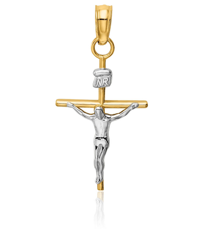 14K Solid Two Tone Gold Inri Lord Jesus Christ Crucifix Holy Cross Necklace Religious Chain Pendant Charm