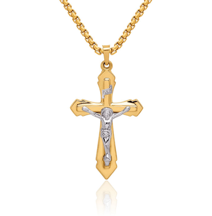 14K Solid Two Tone Gold Inri Lord Jesus Christ Crucifix Holy Cross Necklace Religious Chain Pendant Charm