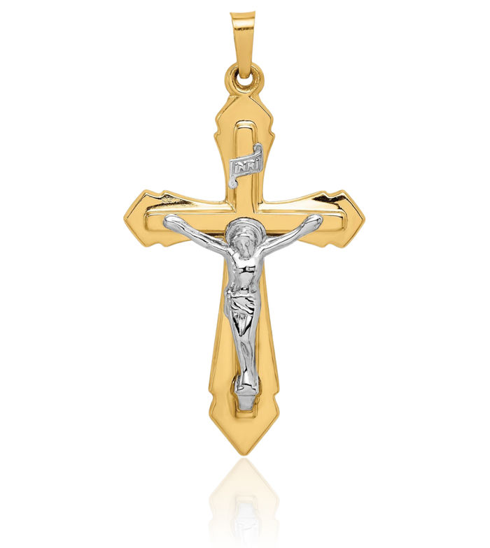 14K Solid Two Tone Gold Inri Lord Jesus Christ Crucifix Holy Cross Necklace Religious Chain Pendant Charm