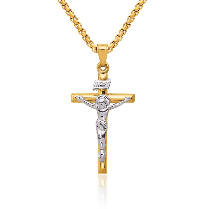 14K Solid Two Tone Gold Inri Lord Jesus Christ Crucifix Holy Cross Necklace Religious Chain Pendant Charm