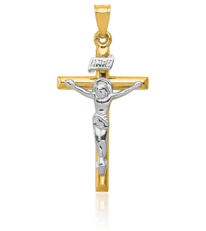 14K Solid Two Tone Gold Inri Lord Jesus Christ Crucifix Holy Cross Necklace Religious Chain Pendant Charm